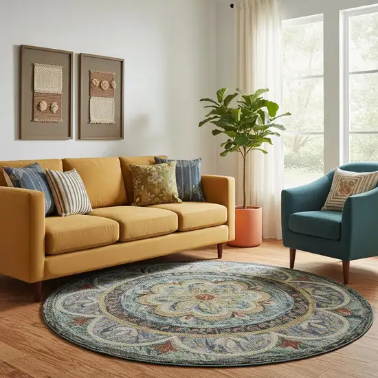 8' Blue And Black Wool Medallion Hand Tufted Round Rug Photo 1