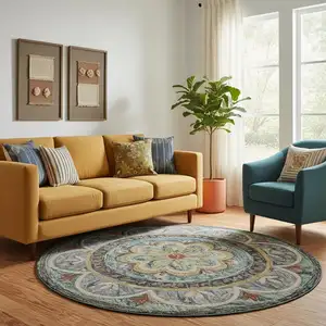 Photo of 8' Blue And Black Wool Medallion Hand Tufted Round Rug