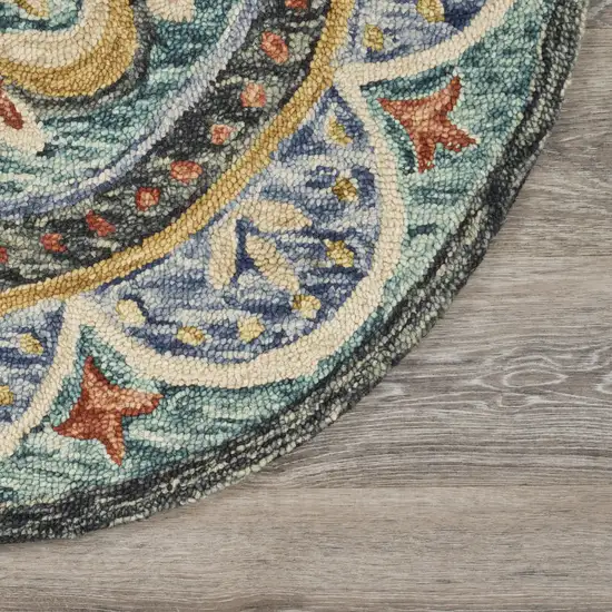 8' Blue And Black Wool Medallion Hand Tufted Round Rug Photo 7