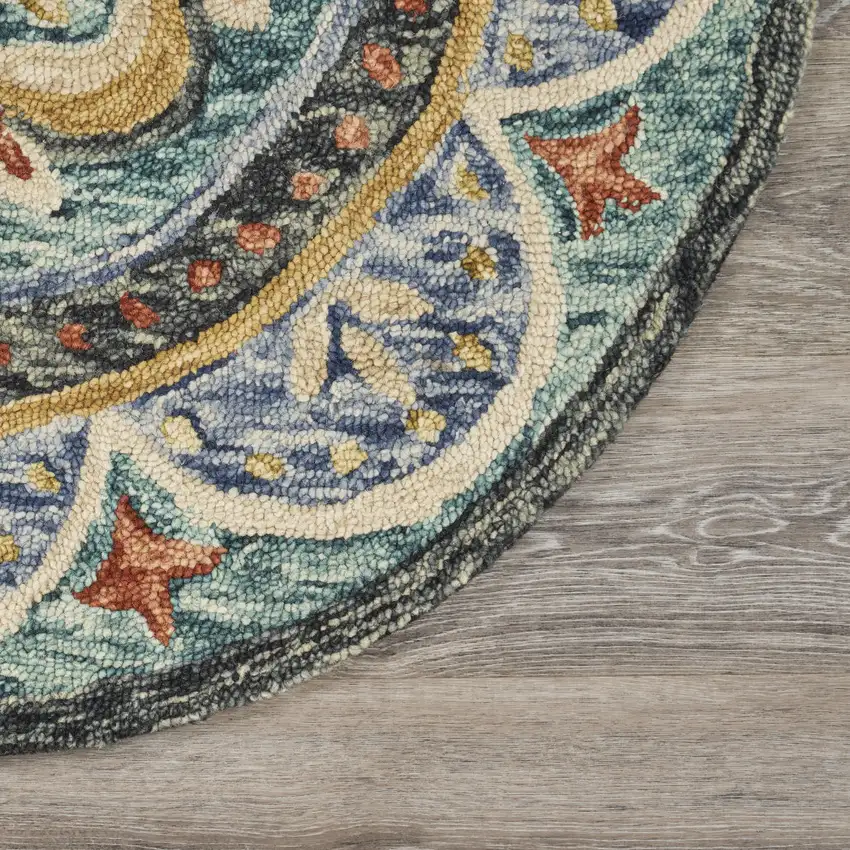 8' Blue And Black Wool Medallion Hand Tufted Round Rug Photo 7