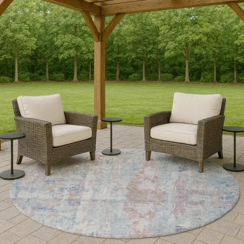8' Blue And Blush Round Abstract Washable Indoor Outdoor Area Rug Photo 8