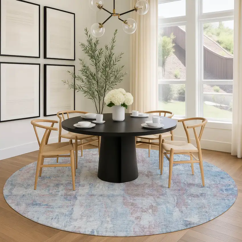 8' Blue And Blush Round Abstract Washable Indoor Outdoor Area Rug Photo 9