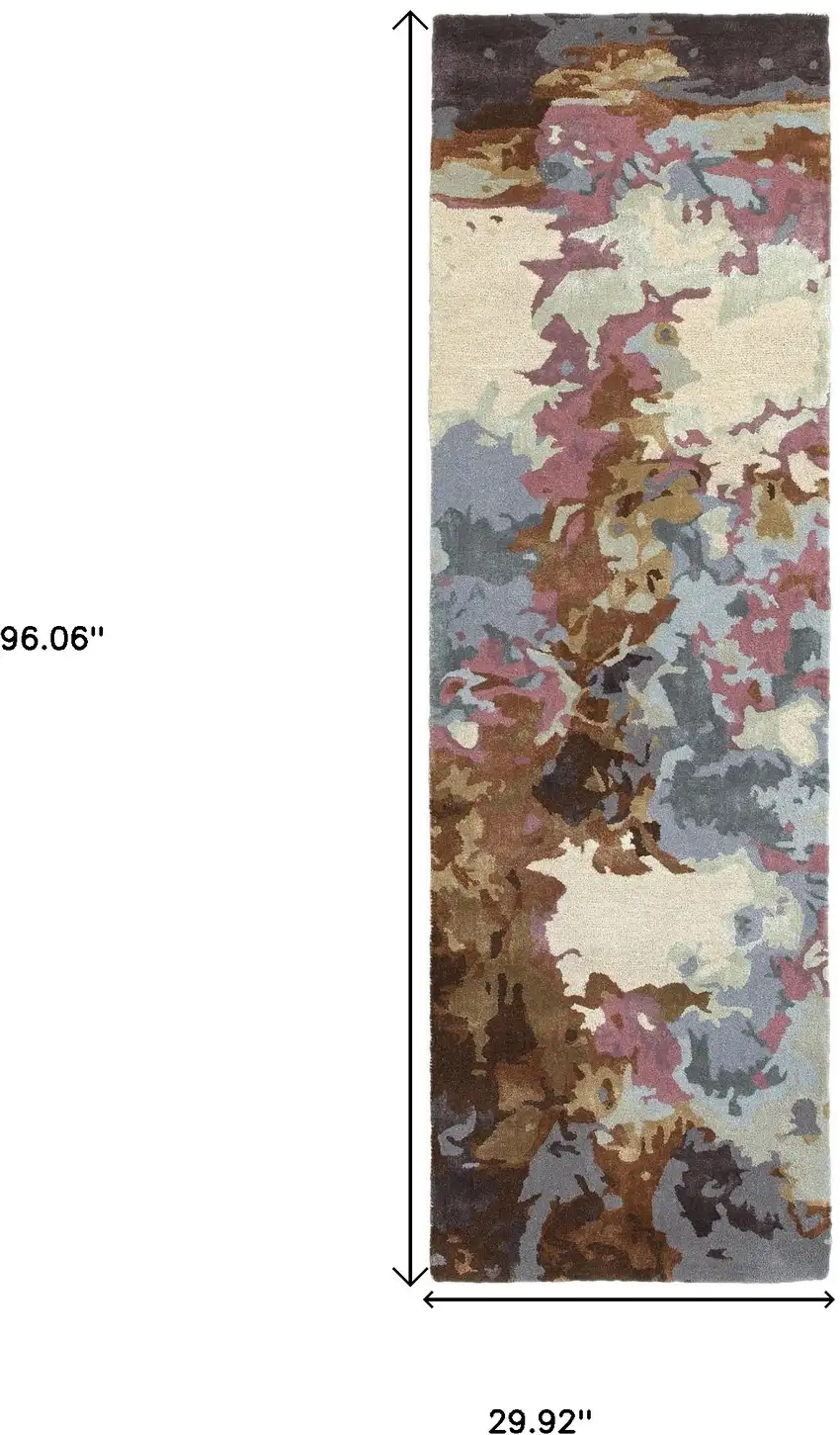 8' Blue And Brown Abstract Hand Tufted Runner Rug Photo 3