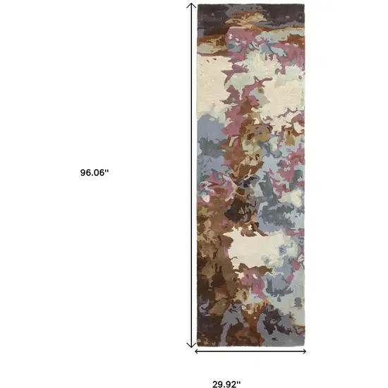 8' Blue And Brown Abstract Hand Tufted Runner Rug Photo 3