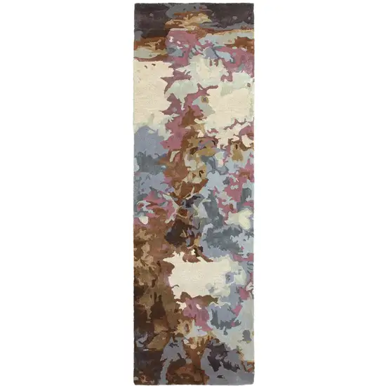 8' Blue And Brown Abstract Hand Tufted Runner Rug Photo 2