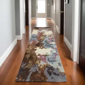 Photo of 8' Blue And Brown Abstract Hand Tufted Runner Rug