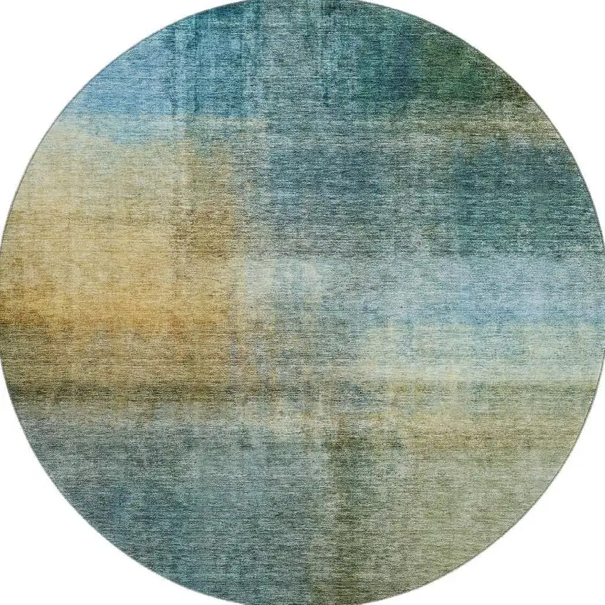 8' Blue And Brown Abstract Washable Round Rug With UV Protection Photo 2