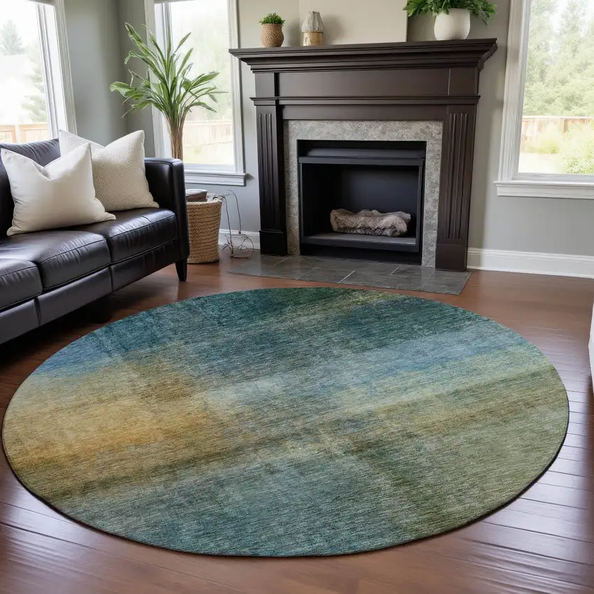 8' Blue And Brown Abstract Washable Round Rug With UV Protection Photo 3