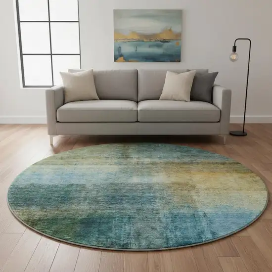 8' Blue And Brown Abstract Washable Round Rug With UV Protection Photo 2