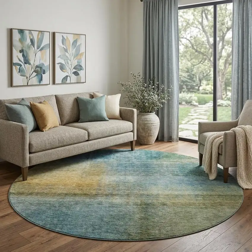 8' Blue And Brown Abstract Washable Round Rug With UV Protection Photo 1