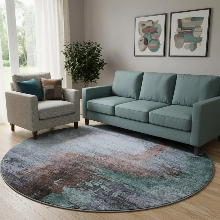 8' Blue And Brown Abstract Washable Round Rug With UV Protection Photo 2