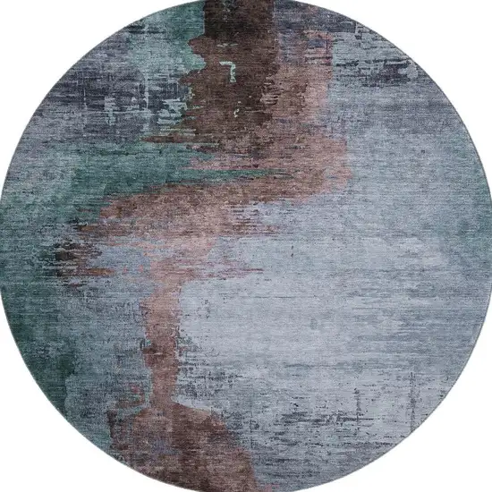 8' Blue And Brown Abstract Washable Round Rug With UV Protection Photo 4