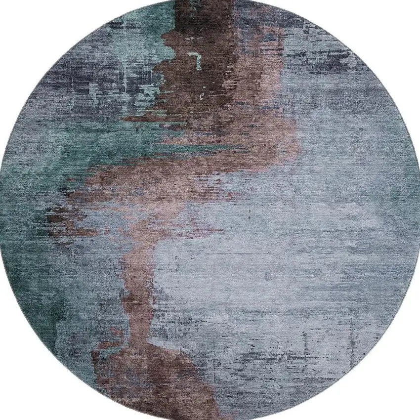 8' Blue And Brown Abstract Washable Round Rug With UV Protection Photo 4