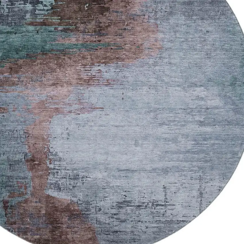 8' Blue And Brown Abstract Washable Round Rug With UV Protection Photo 3