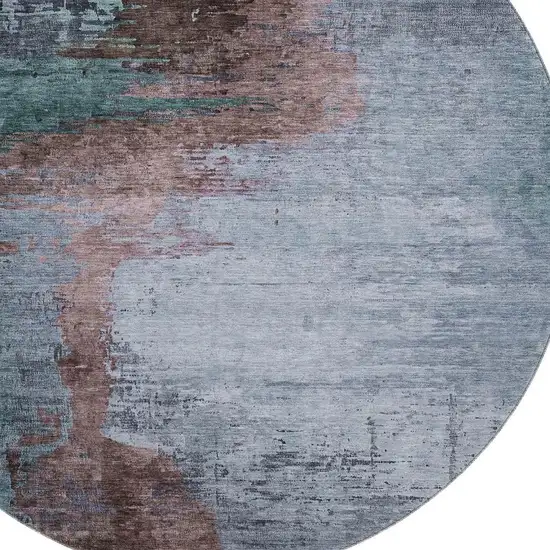 8' Blue And Brown Abstract Washable Round Rug With UV Protection Photo 3