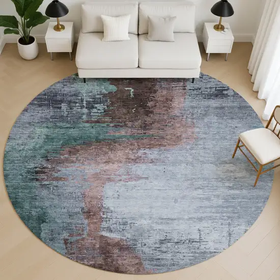 8' Blue And Brown Abstract Washable Round Rug With UV Protection Photo 5