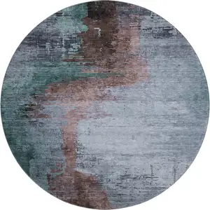 Photo of 8' Blue And Brown Abstract Washable Round Rug With UV Protection