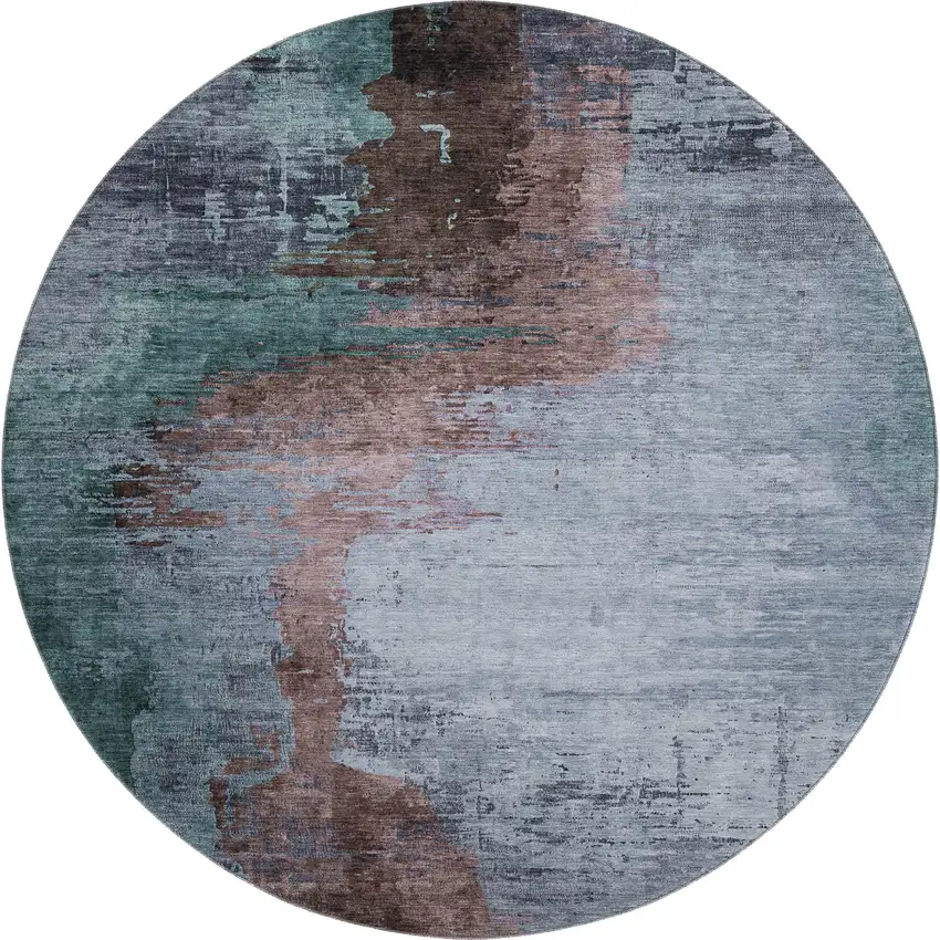 8' Blue And Brown Abstract Washable Round Rug With UV Protection Photo 1