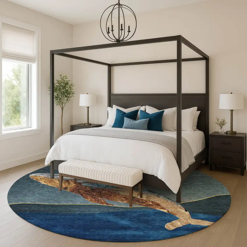 8' Blue And Brown Nautical Washable Round Rug With UV Protection Photo 5