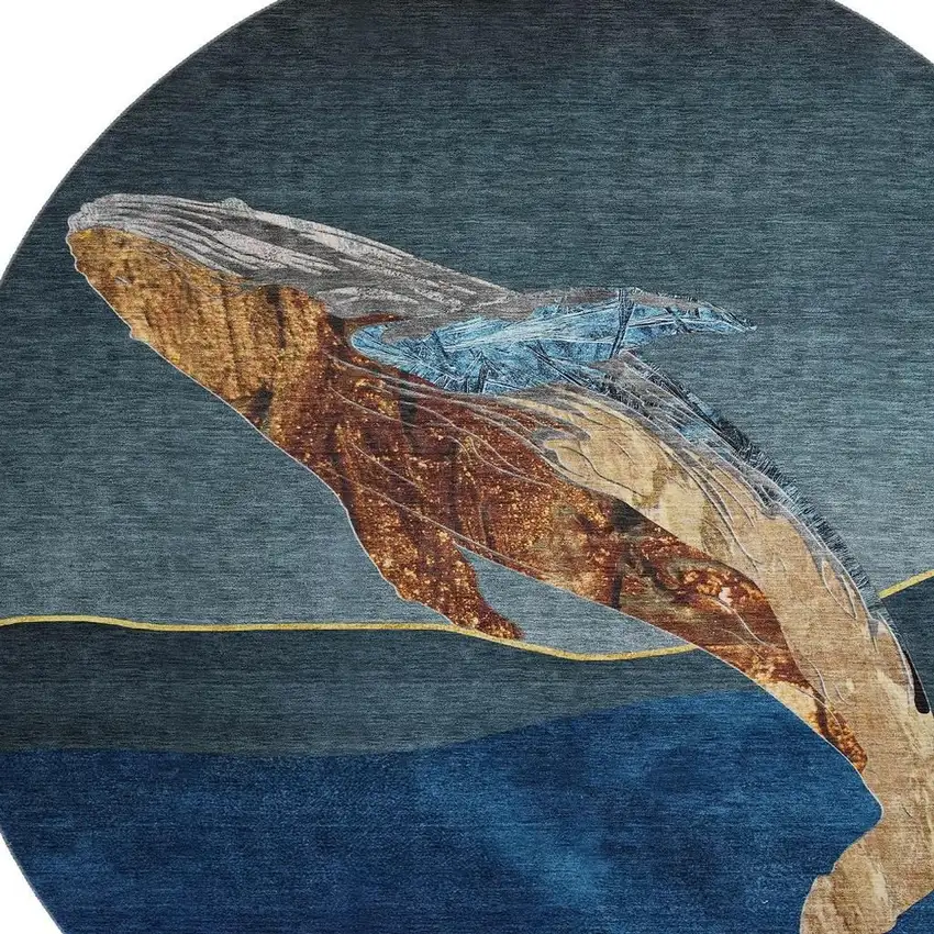 8' Blue And Brown Nautical Washable Round Rug With UV Protection Photo 3