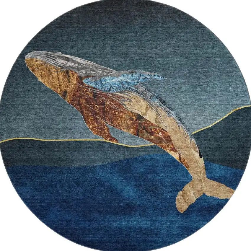 8' Blue And Brown Nautical Washable Round Rug With UV Protection Photo 4