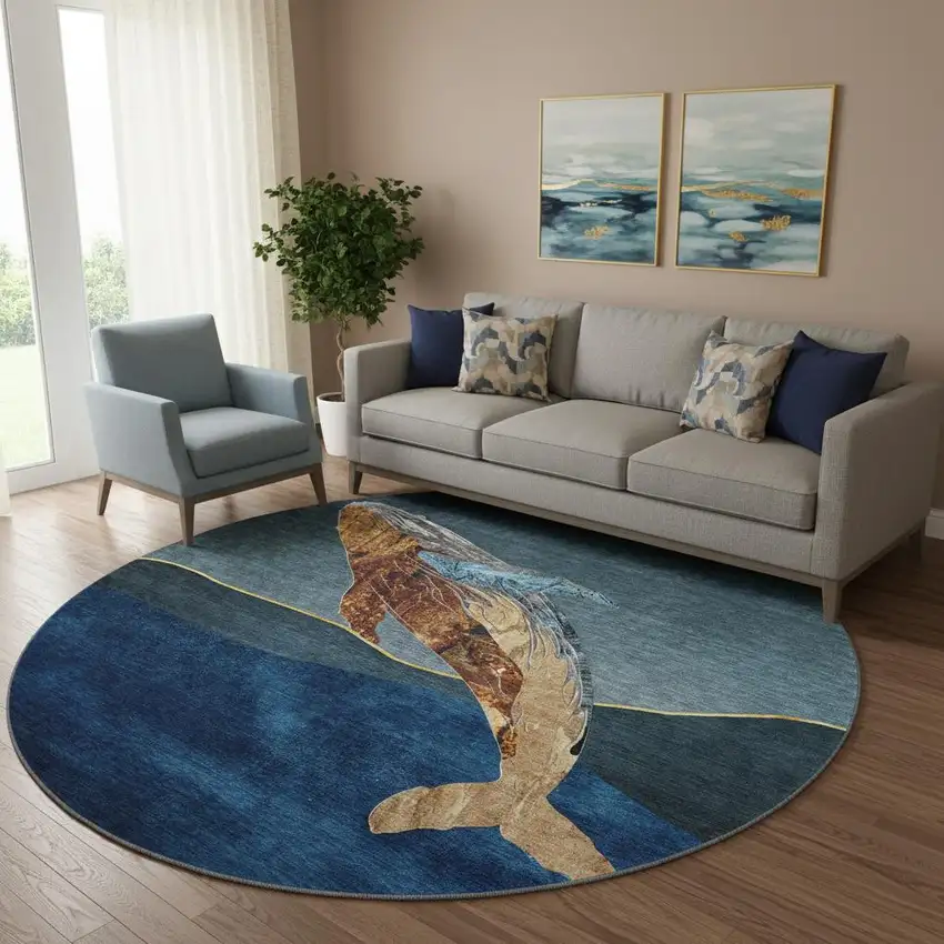 8' Blue And Brown Nautical Washable Round Rug With UV Protection Photo 2