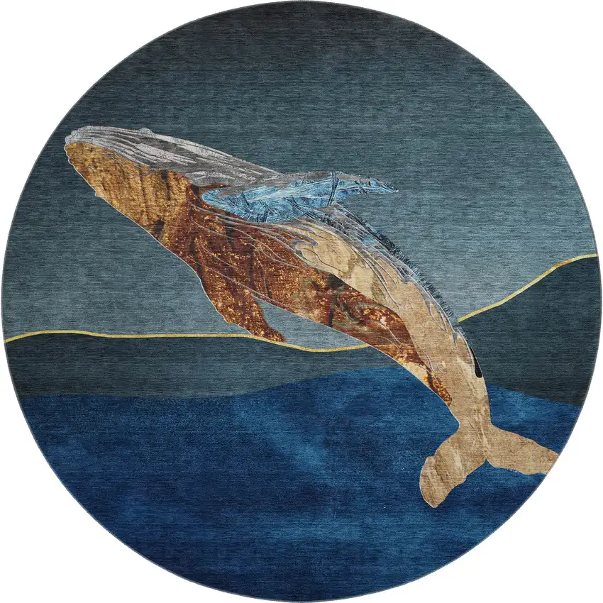 8' Blue And Brown Nautical Washable Round Rug With UV Protection Photo 1