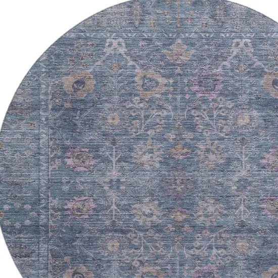 8' Blue And Brown Oriental Washable Round Rug With UV Protection Photo 2