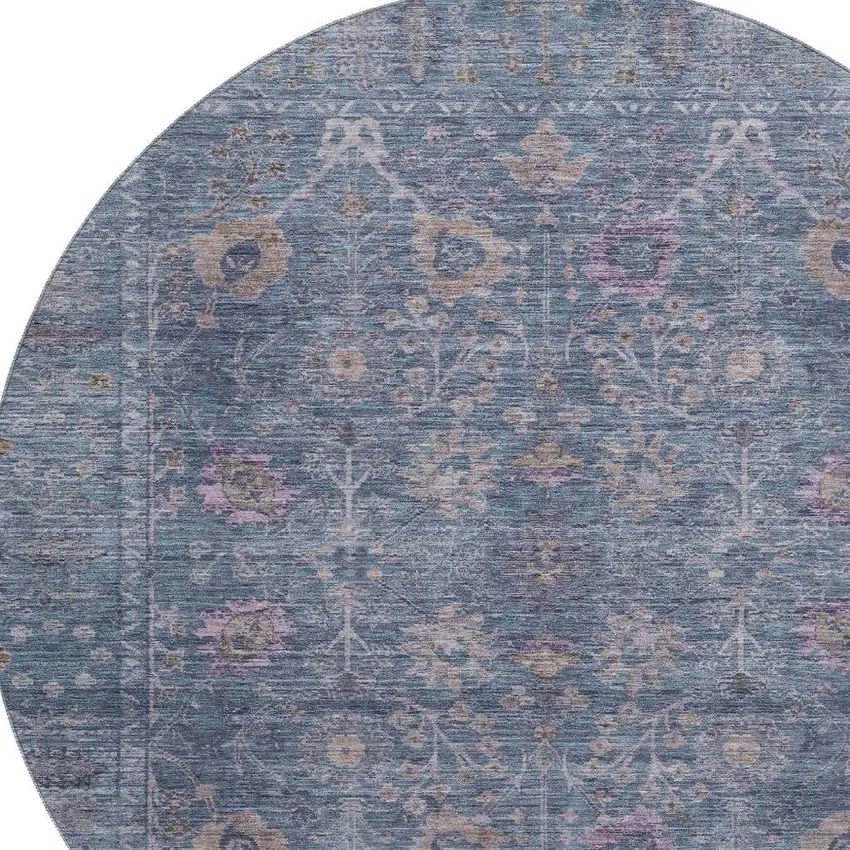 8' Blue And Brown Oriental Washable Round Rug With UV Protection Photo 2