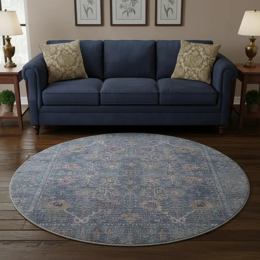 8' Blue And Brown Oriental Washable Round Rug With UV Protection Photo 2