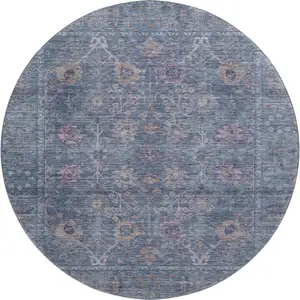 Photo of 8' Blue And Brown Oriental Washable Round Rug With UV Protection