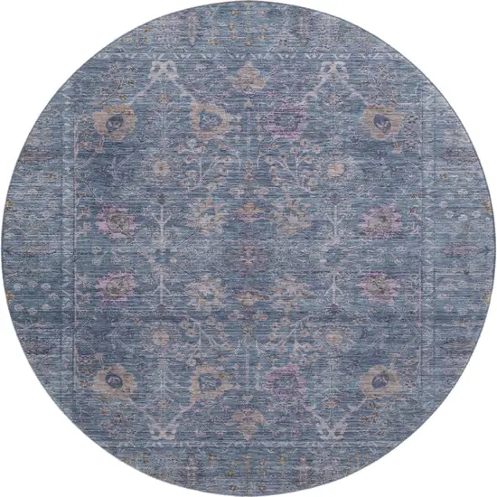 8' Blue And Brown Oriental Washable Round Rug With UV Protection Photo 1