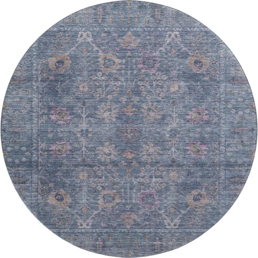 8' Blue And Brown Oriental Washable Round Rug With UV Protection Photo 1