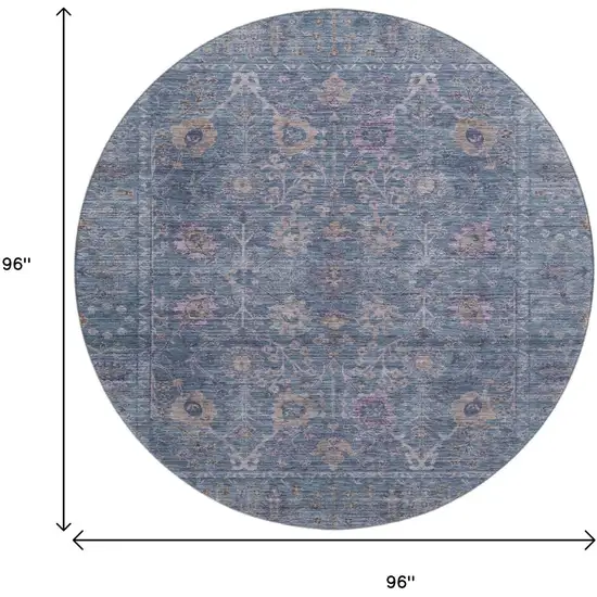 8' Blue And Brown Oriental Washable Round Rug With UV Protection Photo 9