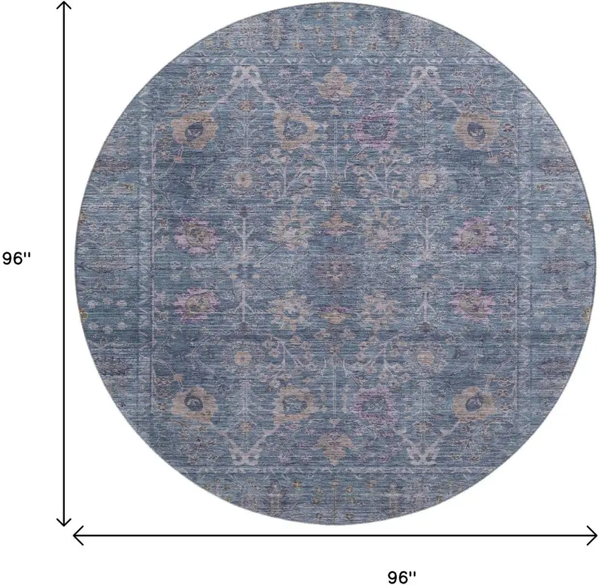 8' Blue And Brown Oriental Washable Round Rug With UV Protection Photo 9