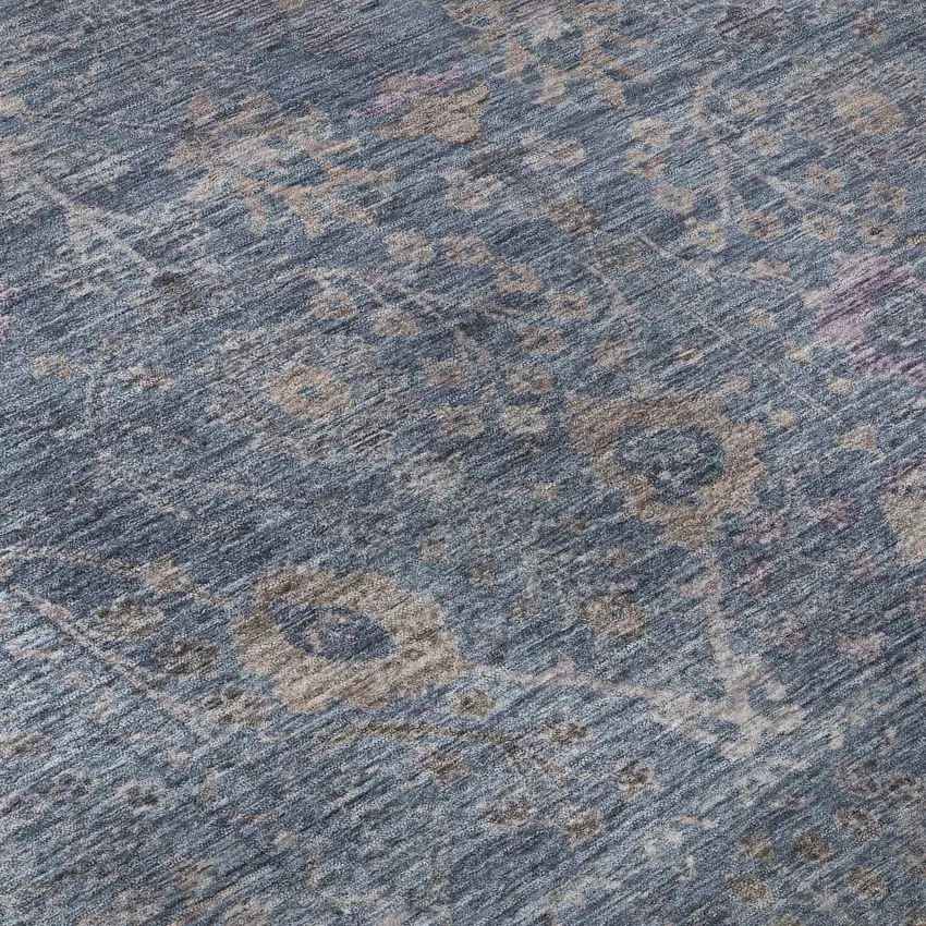 8' Blue And Brown Oriental Washable Round Rug With UV Protection Photo 8