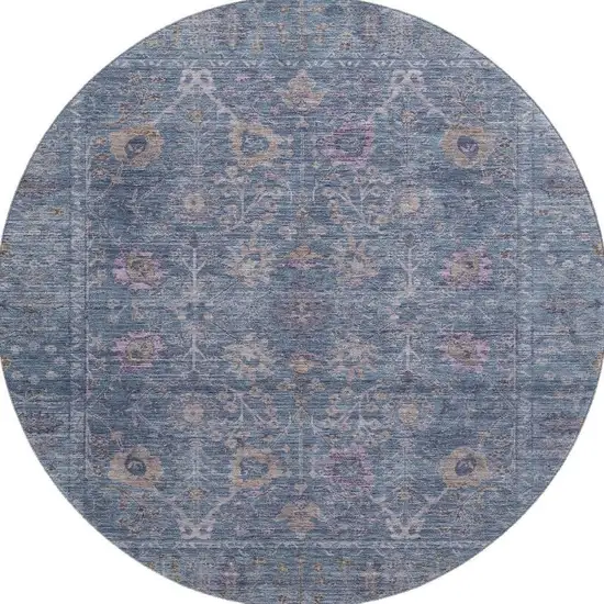 8' Blue And Brown Oriental Washable Round Rug With UV Protection Photo 3