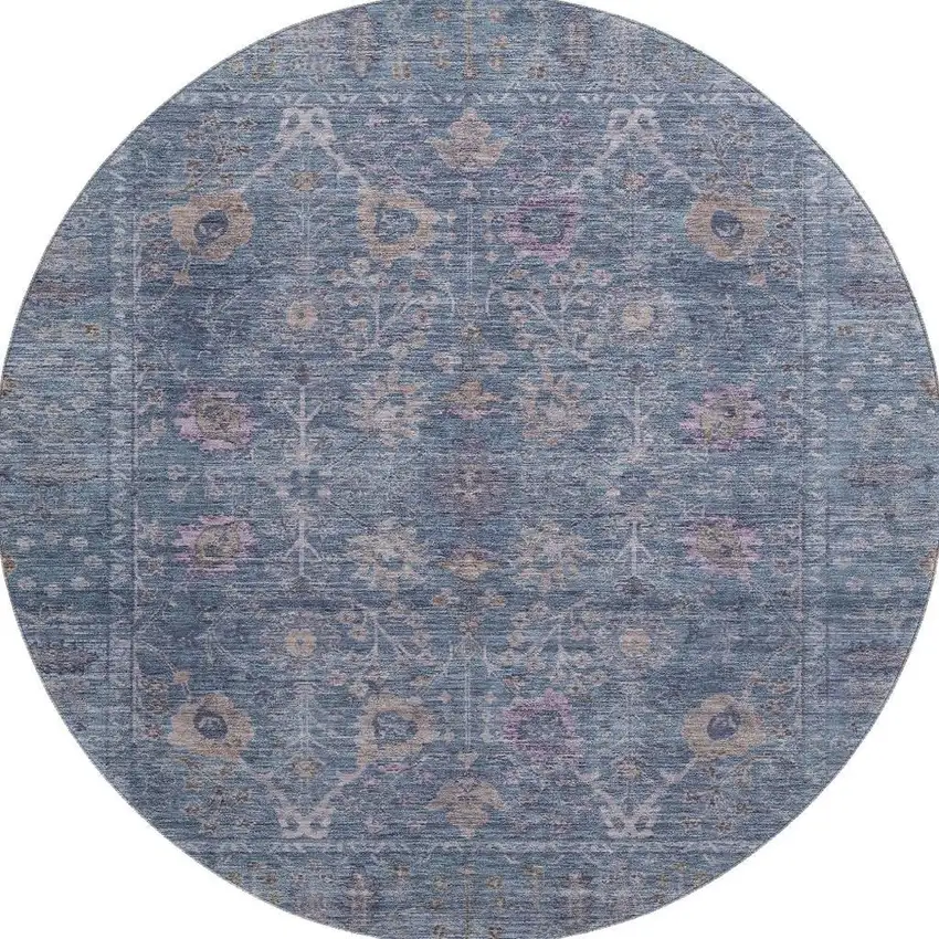 8' Blue And Brown Oriental Washable Round Rug With UV Protection Photo 3