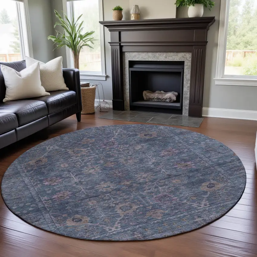 8' Blue And Brown Oriental Washable Round Rug With UV Protection Photo 4