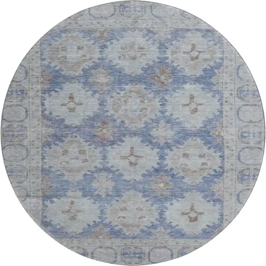 8' Blue And Brown Oriental Washable Round Rug With UV Protection Photo 1