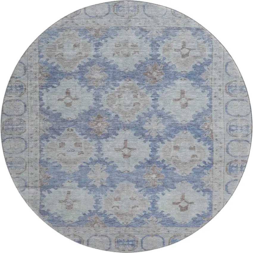 8' Blue And Brown Oriental Washable Round Rug With UV Protection Photo 1