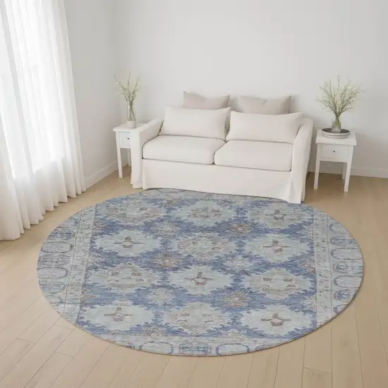 8' Blue And Brown Oriental Washable Round Rug With UV Protection Photo 4