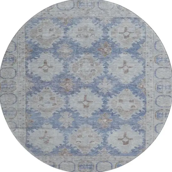 8' Blue And Brown Oriental Washable Round Rug With UV Protection Photo 3