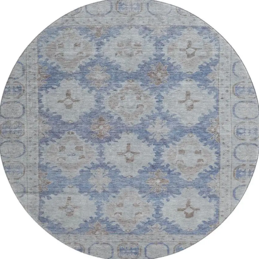 8' Blue And Brown Oriental Washable Round Rug With UV Protection Photo 3