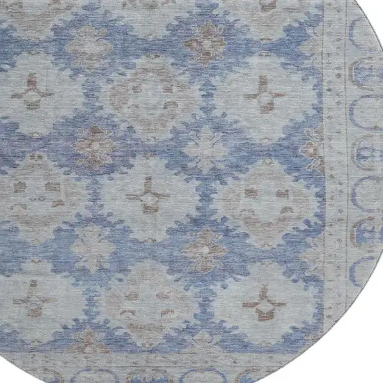 8' Blue And Brown Oriental Washable Round Rug With UV Protection Photo 2