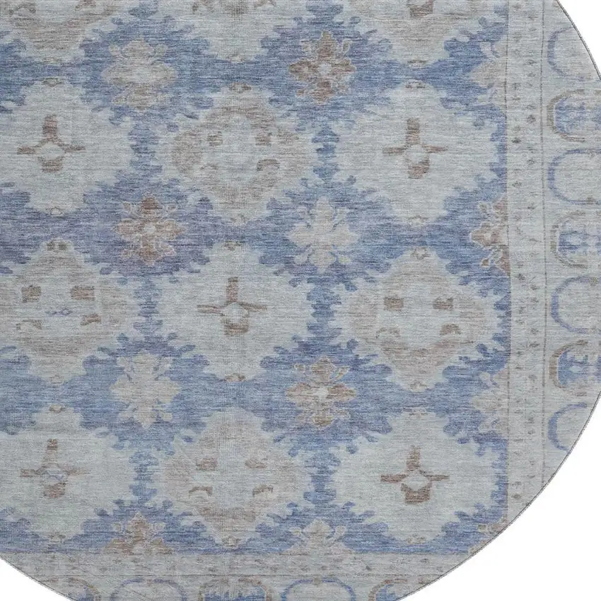 8' Blue And Brown Oriental Washable Round Rug With UV Protection Photo 2