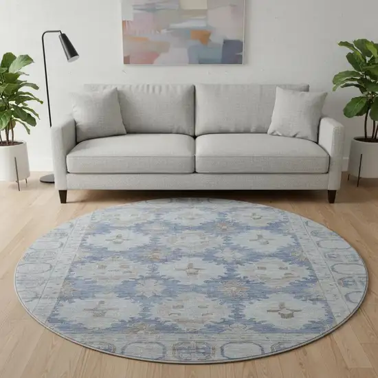 8' Blue And Brown Oriental Washable Round Rug With UV Protection Photo 2