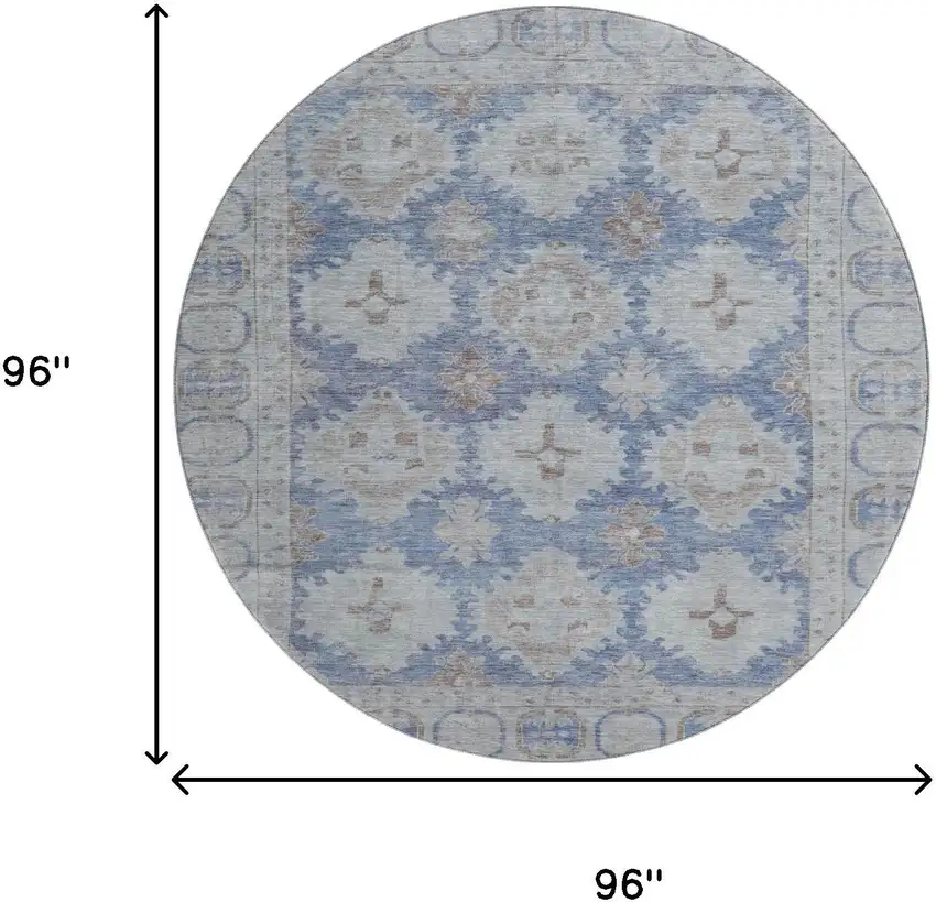 8' Blue And Brown Oriental Washable Round Rug With UV Protection Photo 9