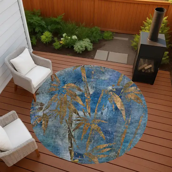 8' Blue And Brown Round Botanical Leaves Washable Indoor Outdoor Area Rug Photo 7
