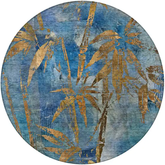 8' Blue And Brown Round Botanical Leaves Washable Indoor Outdoor Area Rug Photo 4